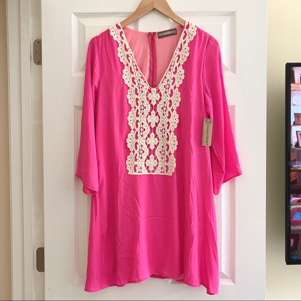 Pink dress with crochet neckline
